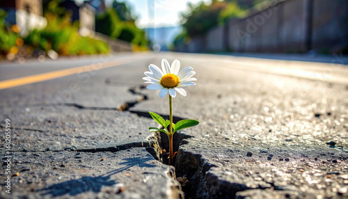 Fototapeta Naklejka Na Ścianę i Meble -  Daisy flower growing through cracked asphalt on sunny day with blurred background showing resilience and hope in urban environment