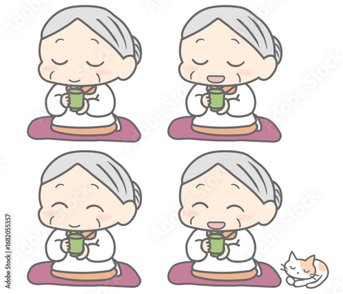 お茶を飲むおばあちゃんと猫