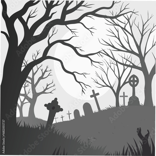 Halloween cemetery with gravestones and rising zombie hand