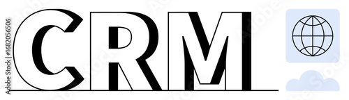 Bold CRM acronym alongside a globe symbol signifying global reach, and a cloud icon for cloud technology. Ideal for business strategies, technology, networking, global communication, customer
