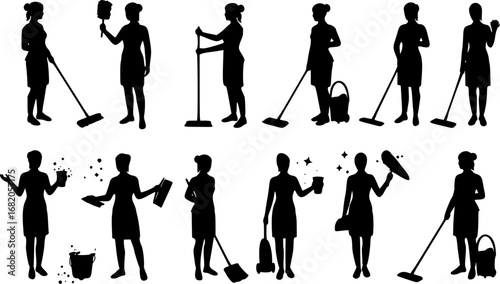 set of Vector silhouette of a cleaning lady.
