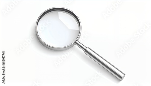 A magnifying glass with a silver handle on a white background.