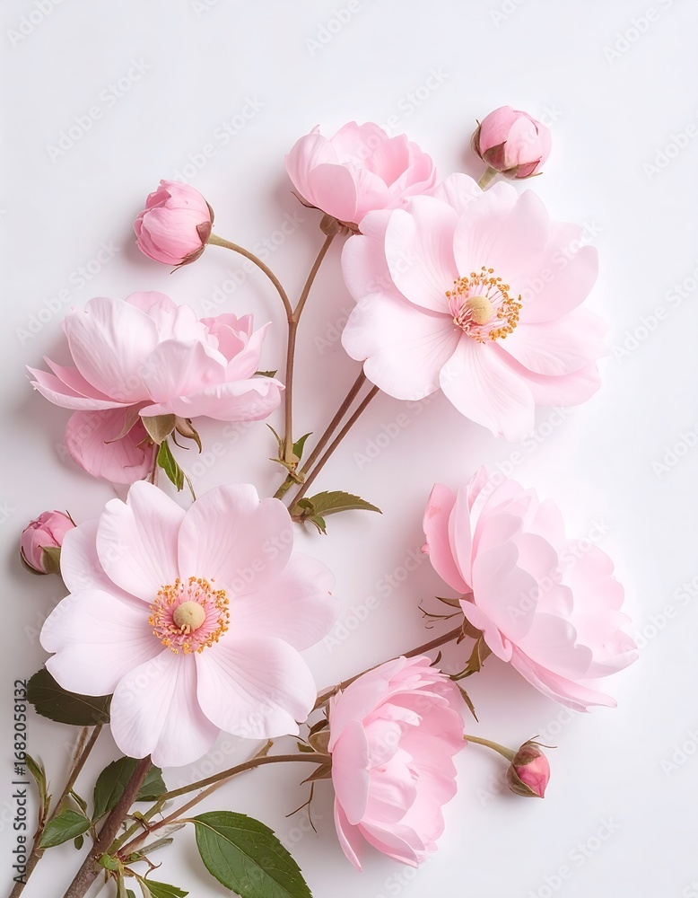 Naklejka premium Delicate arrangement of pastel pink blossoms, showcasing delicate petals and soft hues against a bright white backdrop.