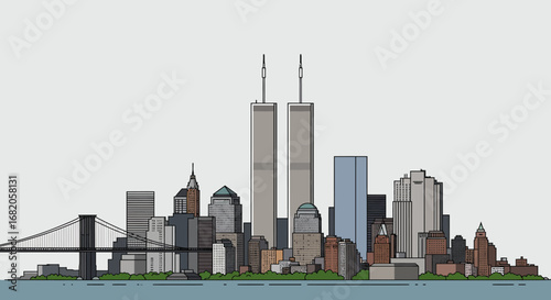 A stylized graphic representation of a vibrant city skyline featuring iconic skyscrapers and a prominent bridge against a clean white background evoking a sense of urban architectural grandeur