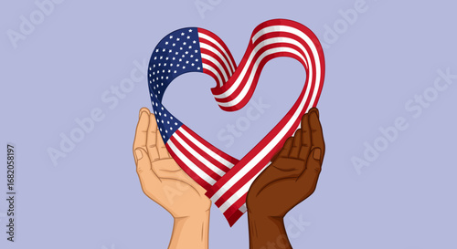 Diverse Hands Unite to Form a Heart Shaped by the American Flag Symbolizing Unity and Patriotism in a Celebration of National Pride and Togetherness