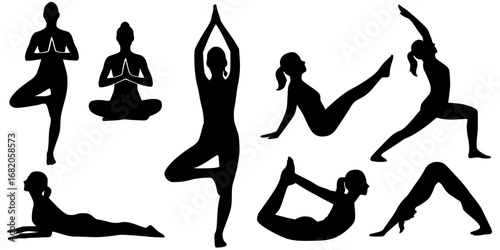 Balance in Motion: Silhouettes of Yoga Practice, A black-and-white silhouette composition featuring seven individuals in distinct yoga poses, including meditation, tree pose, and boat pose