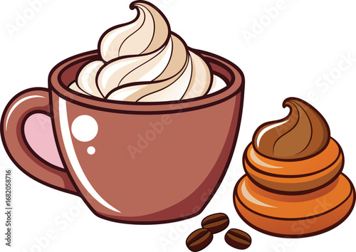 Vector art of a cup of coffee with whipped cream and a pile of poop next to it