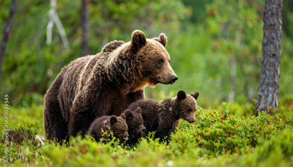 Fototapeta premium Brown bear mother with three cubs walking through green forest bushes in summer, showing natural wildlife family scene with soft light and peaceful atmosphere