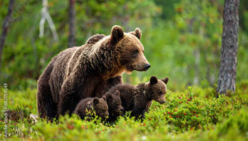 Wallpaper Mural Brown bear mother with three cubs walking through green forest bushes in summer, showing natural wildlife family scene with soft light and peaceful atmosphere Torontodigital.ca