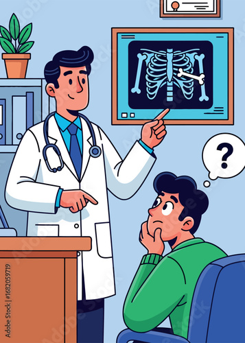 A doctor points to an x-ray of a rib cage while a concerned patient looks on with a question mark thought bubble.