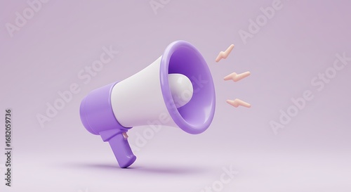 Stylish 3d render of a purple and white megaphone emitting sound waves on a soft pastel background