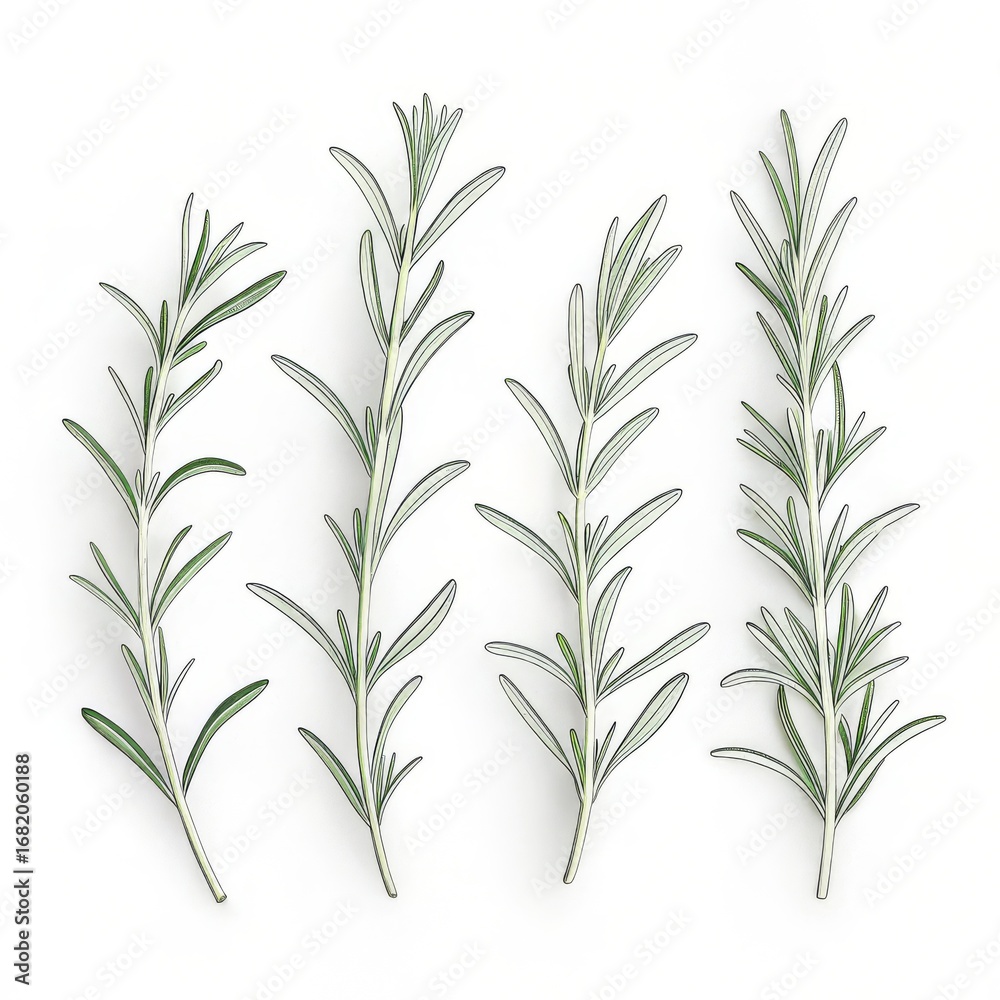 Obraz premium Four fresh rosemary sprigs isolated on white background, top view