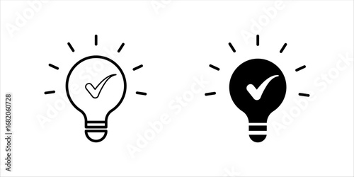  black bulb with checkmark like quick tip icon. flat stroke linear simple trend modern efficiency logotype design element isolated on white. concept of visionary info pictogram or conclusion symbol