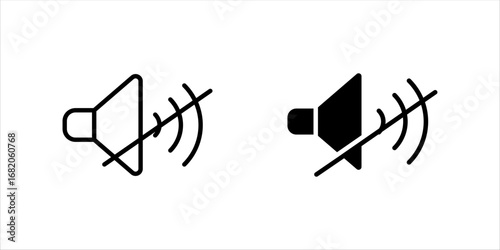 No sound and speaker icon sign set. Volume, up, down, sound, ring, vibrate, silent, mute, media, notification, audio, music, logo, symbol, label, flat, black, line icons. Vector illustration

