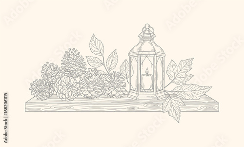Elegant line drawing of a shelf with pinecones, leaves, and a lantern.