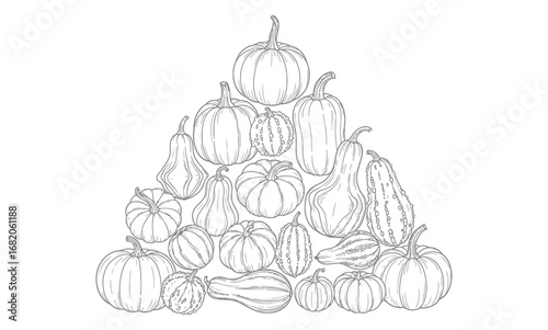 A grayscale illustration of various gourds and pumpkins arranged in a triangular pile.