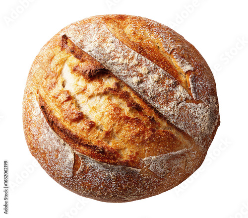Round artisan loaf of bread, top view.  Golden-brown crust, light interior, visible scored top