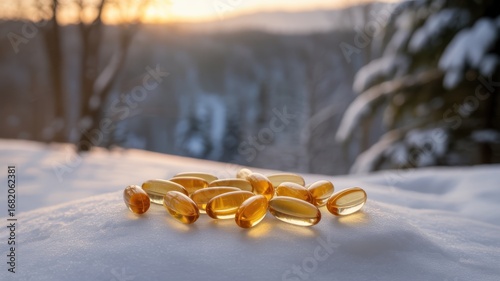 Omega 3 fish oil capsules on snow with winter forest and sunlight in background providing essential vitamins and nutrients for health