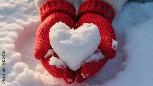 Hands in red knitted gloves holding a heart made of snow, a symbol of love and romance during the cold winter season