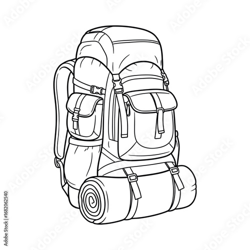 Detailed line drawing of a fully packed hiking backpack with multiple compartments and a rolled sleeping bag attached.