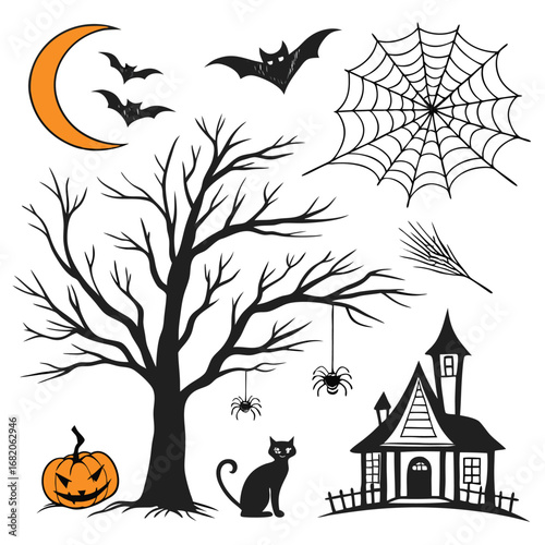 Halloween graphic elements with spooky tree and haunted house