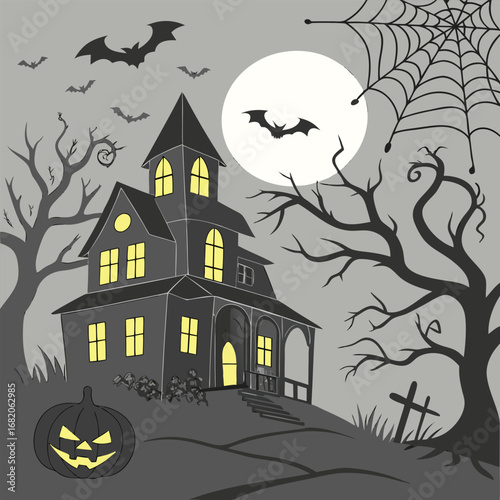 Halloween haunted house with bats, pumpkin and graveyard