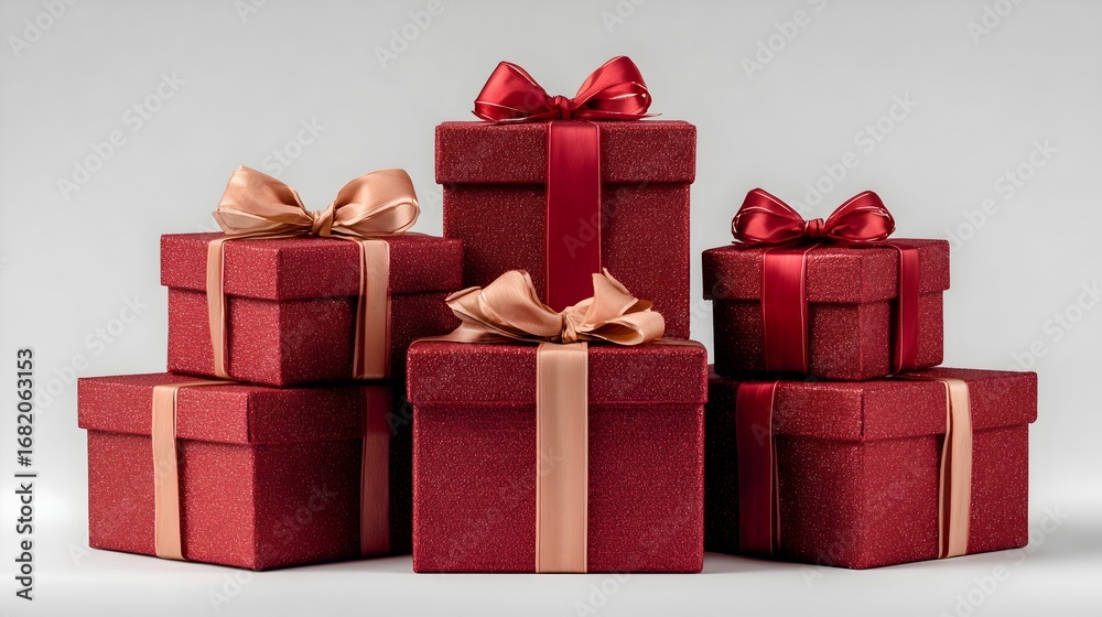 Obraz premium Seven red gift boxes stacked at eye level create a festive display for celebrations and special occasions across various settings