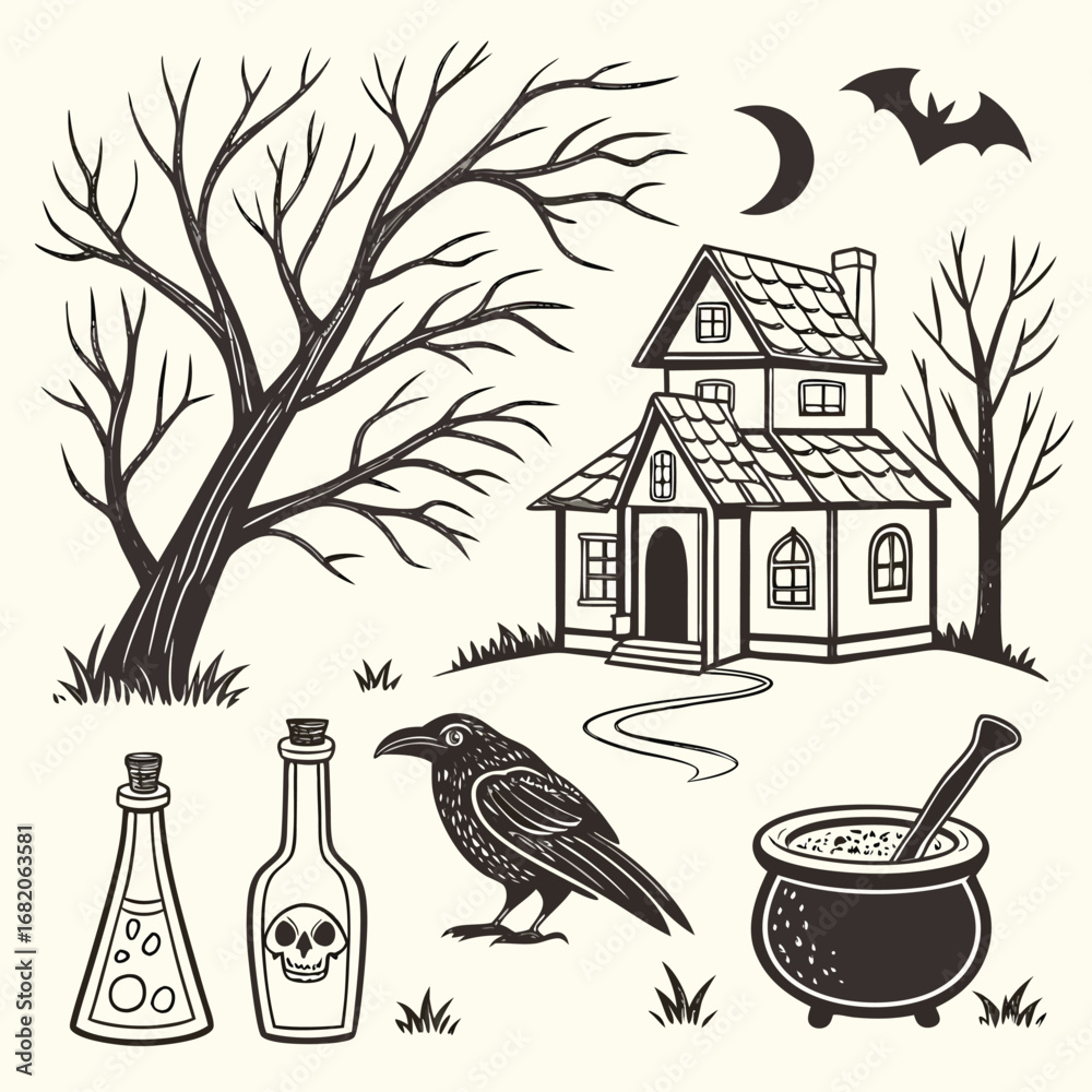 Naklejka premium Halloween sketch with crow, potions, and spooky house