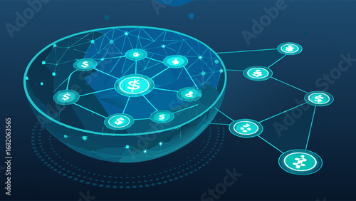 Global cryptocurrency network visualization:  A 3D rendering showing interconnected digital currency symbols within a translucent