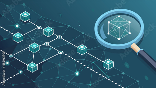 Isometric illustration of a blockchain network, detailed with a magnifying glass, in teal and white, against a dark background.