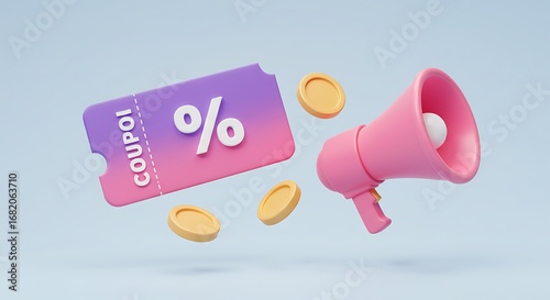 3d rendered coupon with megaphone and discount icons signaling a special offer