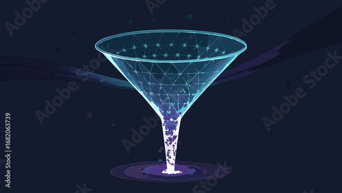 Abstract digital funnel visualization: glowing teal lines forming a martini glass shape against a dark background, depicting data flow