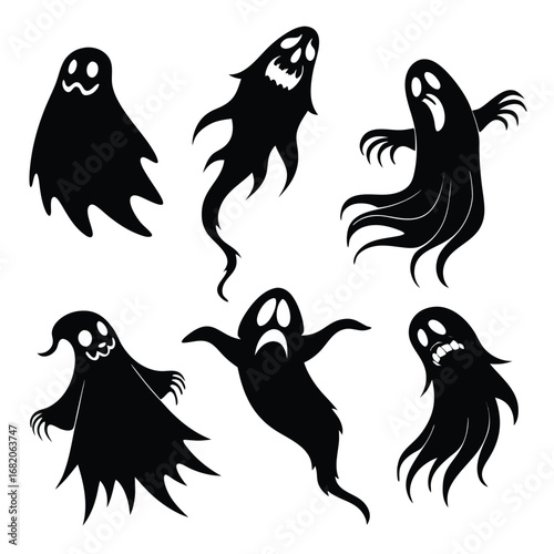 Six Black Silhouettes Of Ghosts With Different Expressions