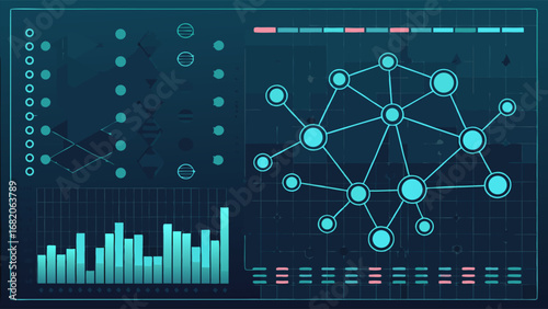 Close-up view of a futuristic teal data network interface with nodes and graphs displayed on a dark screen, conveying a technological