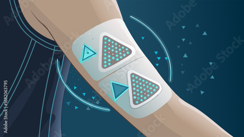 Close-up view of two wearable health sensor patches applied to a person's arm, showcasing a futuristic, teal-toned design against a