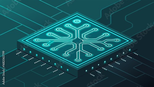 Isometric view of a glowing teal microchip with intricate circuitry, set against a dark teal circuit board background, depicting