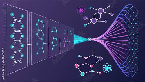 Isometric illustration of complex molecular structures converging, showcasing a network effect in a vibrant purple and pink palette