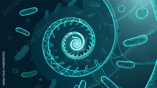Microscopic view of a DNA spiral with cyanobacteria, depicted in a teal color scheme against a dark background;  a detailed digital