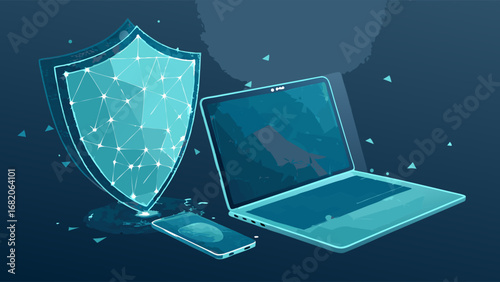 Cybersecurity concept: Low-poly laptop, smartphone, and shield illustration, depicting digital protection against a dark blue