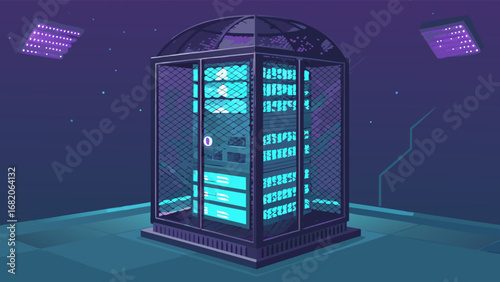 Isometric illustration of a secure server rack in a dark, futuristic data center, glowing with teal light, showcasing digital security.