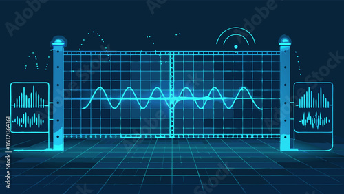 Cybersecurity gate, digital grid design, futuristic data visualization, cool blue tones, flat lay composition, showing secure access