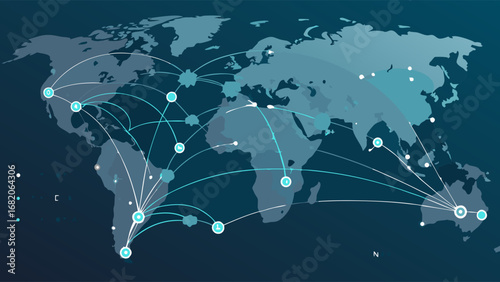 Global network connections visualized on a dark teal world map with glowing nodes and lines, illustrating worldwide communication and