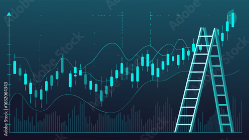 Flat lay image of two ladders ascending a teal stock market graph, illustrating growth and success against a dark background.