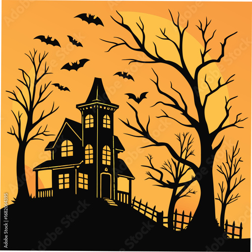 Spooky haunted house with bare trees and bats halloween