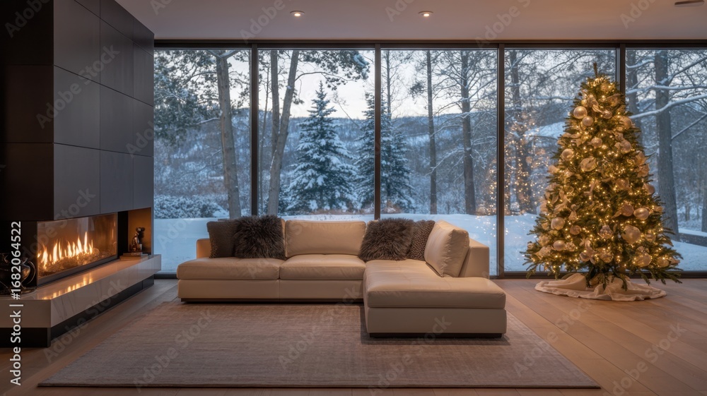 Fototapeta premium A cozy living room with a christmas tree and fireplace overlooking a snowy winter landscape, creating a warm and inviting holiday atmosphere