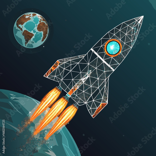 Low-poly rocket launching from Earth, illustrated with vibrant orange flames against a dark blue space background, conveying a