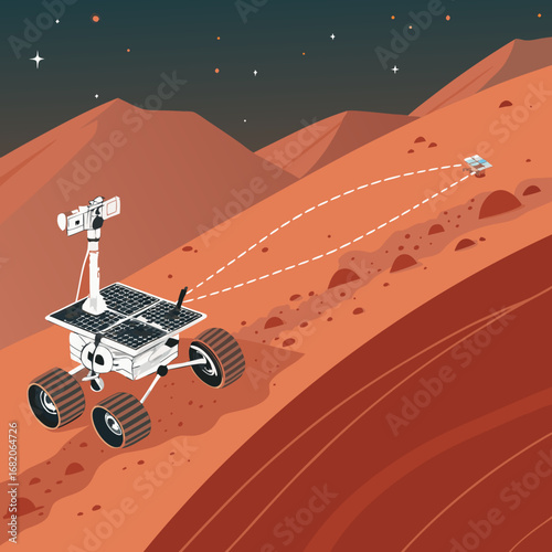 Mars rover exploring red planet surface, deploying a small satellite; isometric illustration, warm orange tones, against a starry