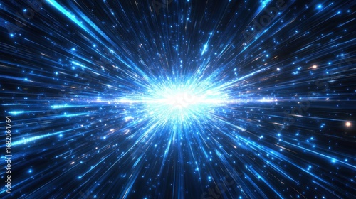 Abstract cosmic explosion radiating bright blue light rays from a central point.