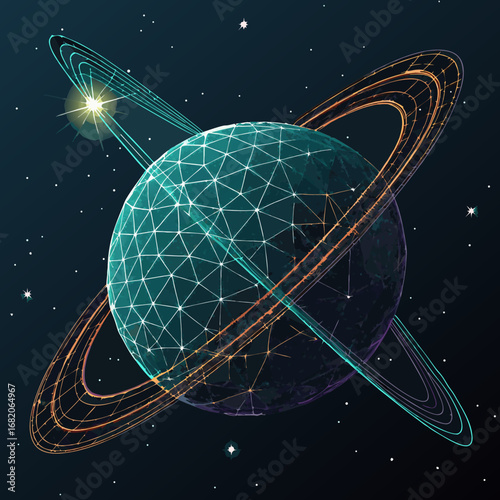 Low-poly model of a planet with rings, orbiting a star, dark teal and orange color scheme, detailed 3D rendering against a black space
