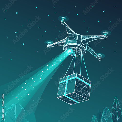 Low-angle shot of a drone delivering a package with a futuristic, teal glow against a dark night sky, showcasing modern delivery